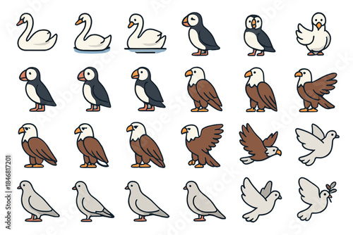 Various types of birds in different poses and styles on a simple background showcasing diverse features and characteristics