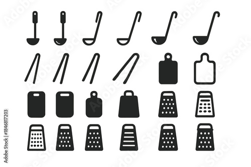 Collection of kitchen utensils including ladles, tongs, and graters arranged in organized layout for cooking tasks