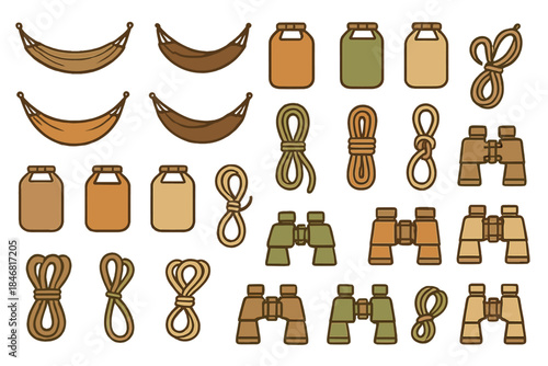 Collection of camping gear and tools for outdoor activities displayed clearly on a white background