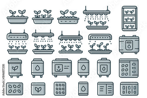 Gardening tools and equipment for indoor plant growth in various arrangements and setups