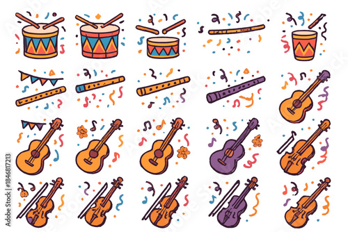 Colorful musical instruments and festive symbols arranged in a lively pattern for a celebration or event