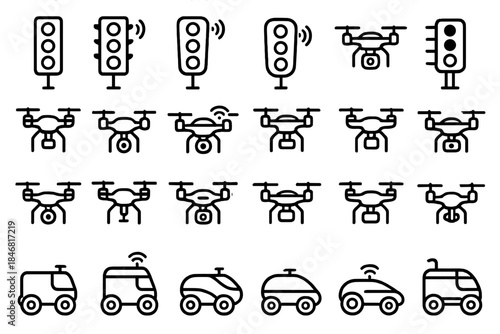 Traffic lights and drones in a simple line drawing showing transportation and technology in various forms