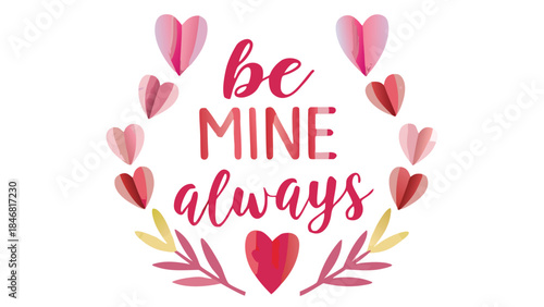 Vibrant watercolor illustration of be mine always text surrounded by hearts and leaves on white background