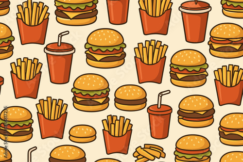 Fast food items on a light background with burgers, fries, and drinks arranged in a repeated pattern for a fun design