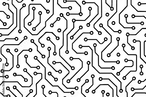 Circuit board design shows complex patterns and lines on a white background representing technology and electronics