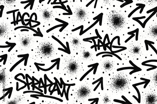Graffiti art with tags and arrows on a white background in an urban setting at daytime showing street culture and expression