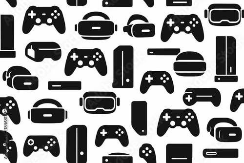 Various gaming devices and accessories displayed on a white background with simple black outlines
