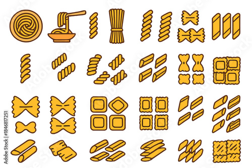 Different types of pasta arranged on a flat surface depicting a variety of shapes and sizes commonly used in cooking