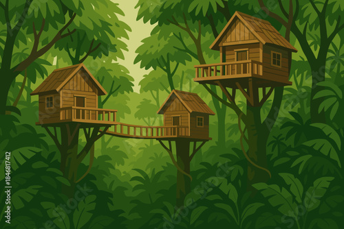 Tree houses on platforms connected by walkways in a dense green forest setting during daytime