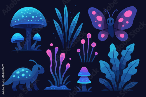 Bright colorful fantasy plants and creatures in a dark background showing various shapes and forms