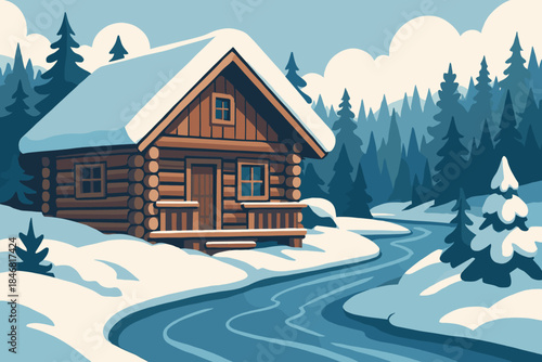 Wooden cabin by a river in snowy forest during winter with tall trees and cloudy sky