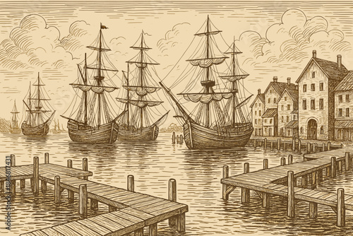 Ships docked at harbor with wooden pier and old buildings near water