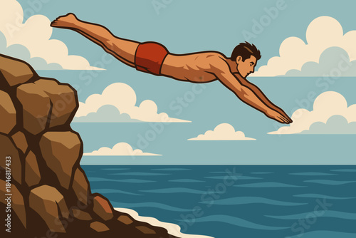 Young man dives from rocky cliff into ocean during bright sunny day with clouds in background