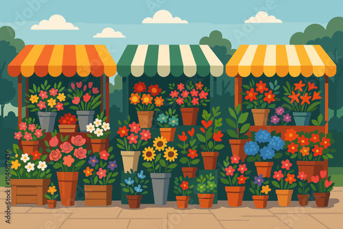 Vibrant flower market with stalls displaying colorful plants at a park on a sunny day