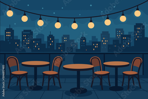 City skyline view with tables and chairs under lights at night on a rooftop