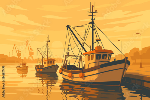 Fishing boats docked at sunset near a harbor with cranes in the background on a calm evening