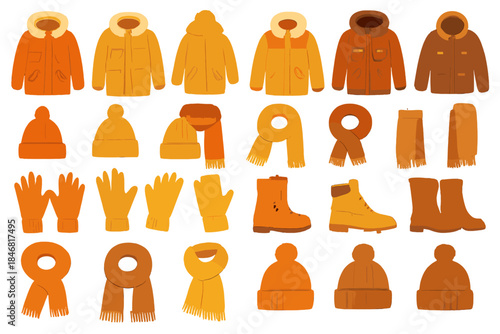 Different types of outerwear, hats, gloves, and scarves in warm colors for cold weather