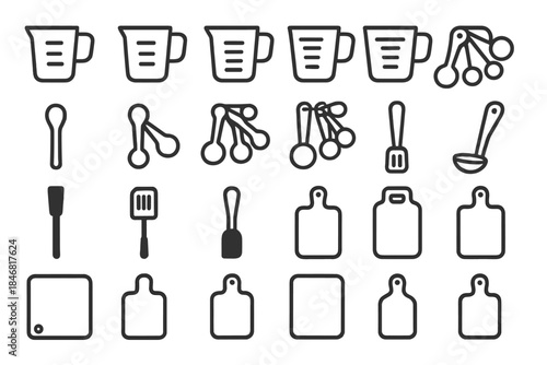 Different types of kitchen tools and measuring devices arranged in a grid format