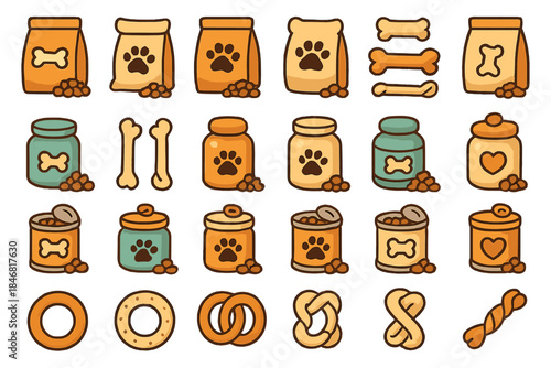 Dog food items displayed in various shapes and containers with paw prints, bones, and treats in a flat layout on a light background