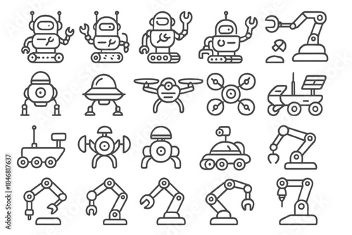 Different types of robots and machines are shown in a simple style with lines and shapes in a grid layout