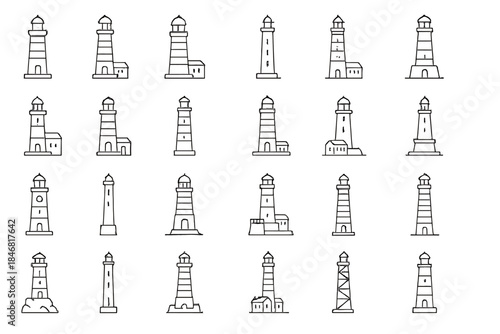 Different designs of lighthouses in a simple style on a plain background in various shapes and sizes throughout the layout
