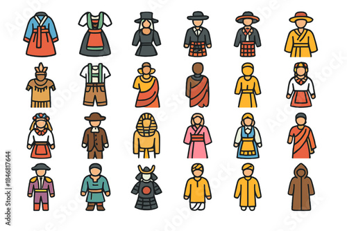 Cultural dress examples from different regions displayed in a grid format showcasing traditional clothing styles