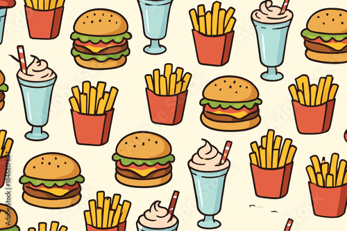 Colorful pattern of burgers, fries, and milkshakes against a light background creates a fun dining atmosphere