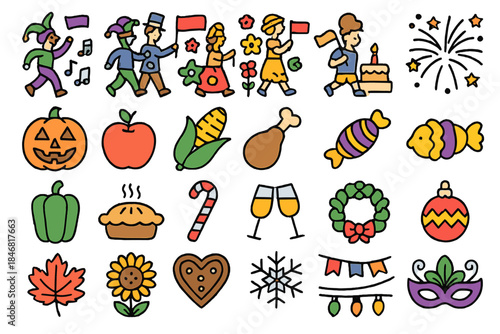 Celebration icons showing various events and activities throughout the year with food and festive themes