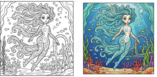 Fantasy creature of the deep ocean vector coloring page for adults.