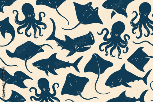 Colorful sea creatures swim in repetitive patterns across the fabric in a design that captures marine life in a playful way