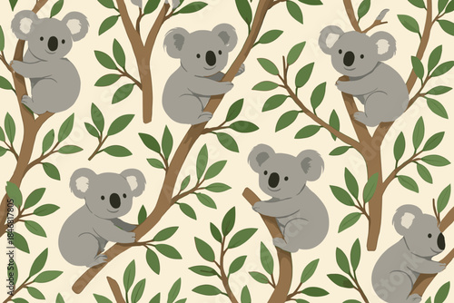 Koalas sitting on branches among green leaves in a pattern design
