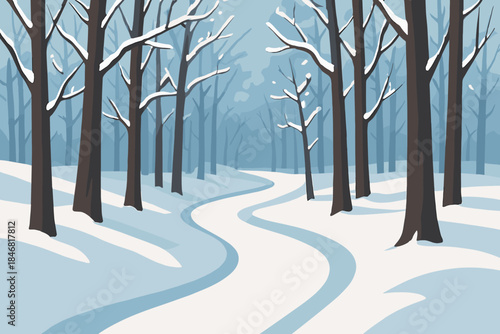 Snow-covered path winds through tall trees in a winter forest with a clear sky during daytime