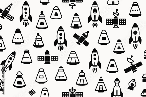 Variety of rocket and satellite designs in black and white pattern on a light background