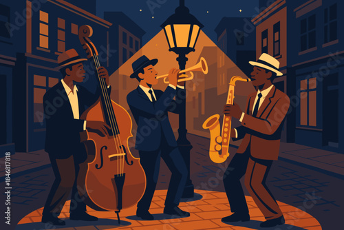 Jazz musicians perform on a street corner under a lamp in the evening