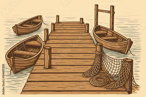 Boats by the wooden dock on a calm water surface during a sunny day