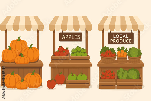 Bright market scene showing stalls with pumpkins, apples, and local produce in a simple style