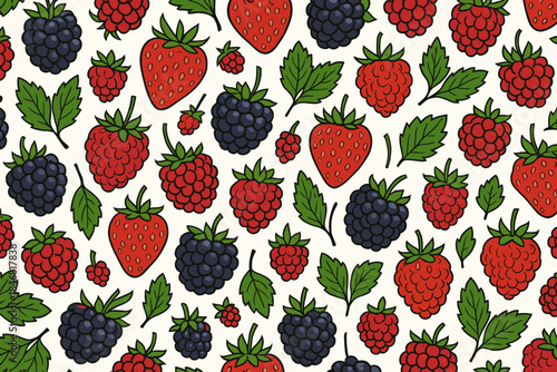 Berry pattern with strawberries, blackberries, and raspberries on a white background with green leaves throughout