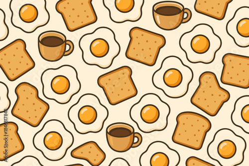 Breakfast items including coffee, eggs, and toast scattered over a light background with a simple design for food themes