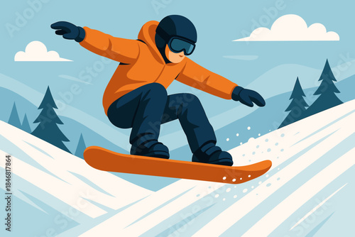 Snowboarder performs a jump over snow on a mountain trail during winter in a clear blue sky