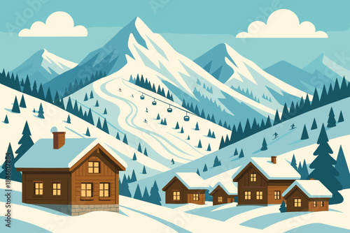 Winter scene with cabins and ski slopes in the mountains with snow-covered peaks and trees during daytime