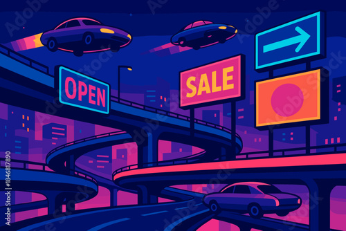 City scene with cars and billboards at night showing open and sale signs