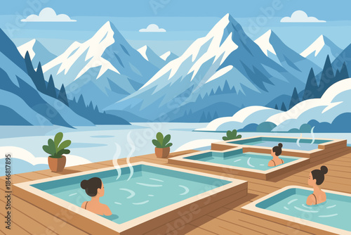 Relaxation in hot tubs by a mountain lake with snow-capped peaks on a clear day