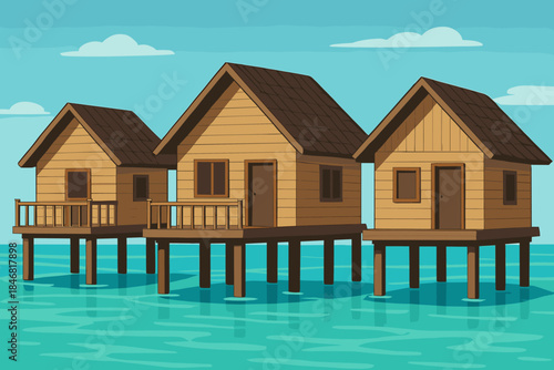 Wooden houses on stilts over clear water with blue sky and clouds