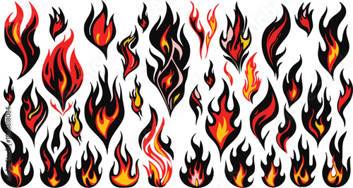 Fire doodle icons set. Hand drawn flame in flat style. Simple cartoon hot elements with pastel punk rock vector pattern background.