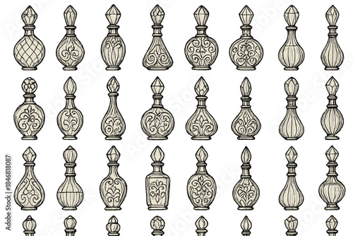 Collection of decorative perfume bottles arranged in a grid pattern with various designs and shapes on a white background