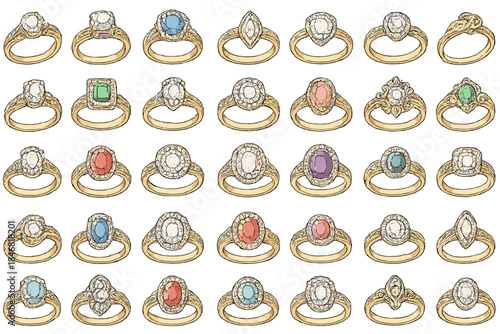 Various ring designs displayed in a grid with different gemstones and intricate settings