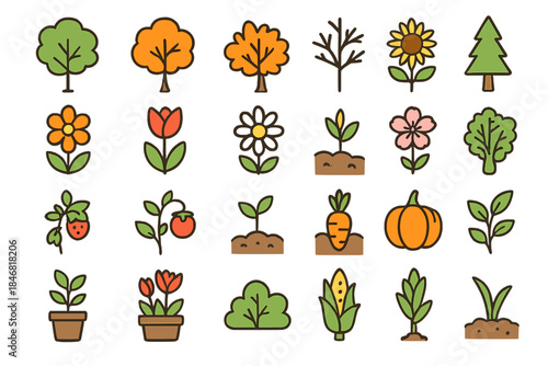 Colorful collection of nature elements with trees, flowers, and plants arranged in a grid pattern on a white background
