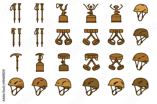 Different types of climbing gear and equipment arranged in a grid pattern on a white background