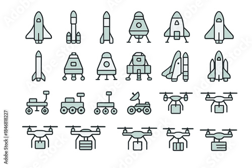 Various types of rockets, spacecraft, and drones arranged in a grid pattern on a plain background