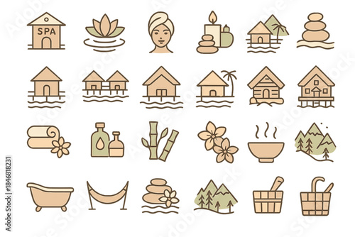 Different icons showing elements related to spa and relaxation in various settings and activities near water